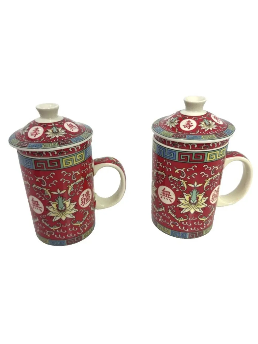 Set Of 2 - 3 Piece World Market Tea Cup Mug Infuser With Lid Porcelain Asian Red